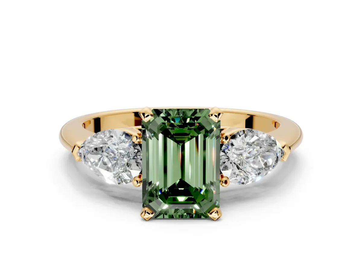 3 Stone Engagement Ring Setting for Fancy Green Emerald Cut Center with Large Pear-Shaped Accents and Prong Head in Yellow Gold