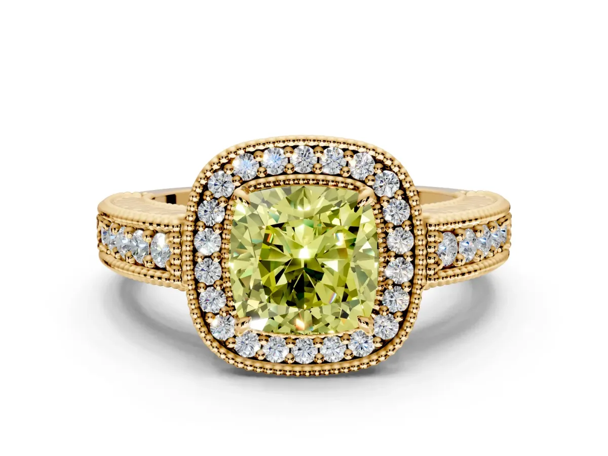 Milgrain Halo Engagement Ring Setting for Fancy Yellow Cushion Cut Center with Pave Band and Prong Head in Yellow Gold