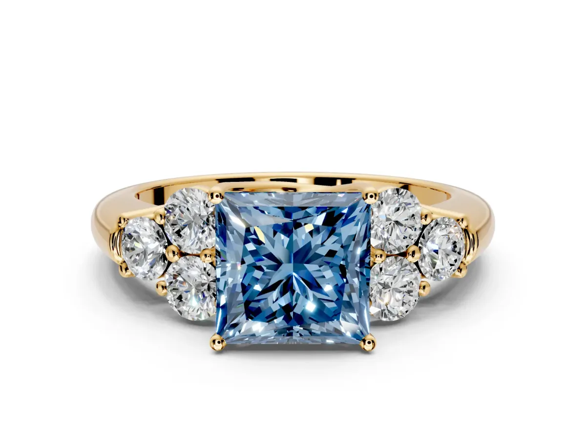 Cluster Engagement Ring Setting for Fancy Blue Princess Cut Center with Round Cut Accent Frame and Prong Head in Yellow Gold