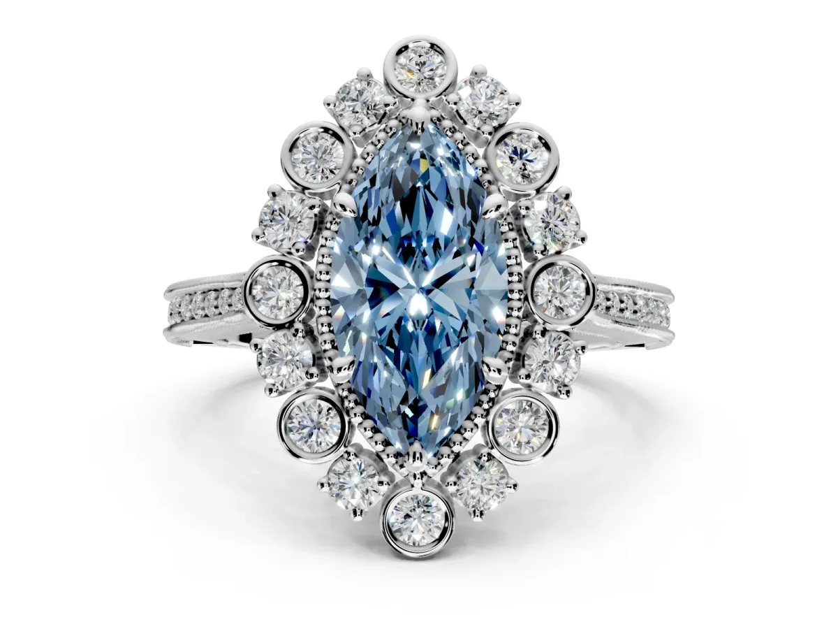 Milgrain Halo Engagement Ring Setting for Fancy Blue Marquise Center with Bezel Point Accents and Prong Head in Sterling Silver