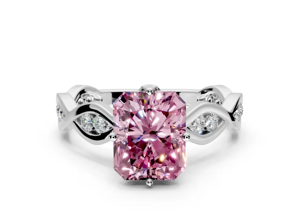 Solitaire Engagement Ring Setting for Fancy Pink Radiant Cut Center with Accented Twist Band and Leaf Prong Head in Sterling Silver