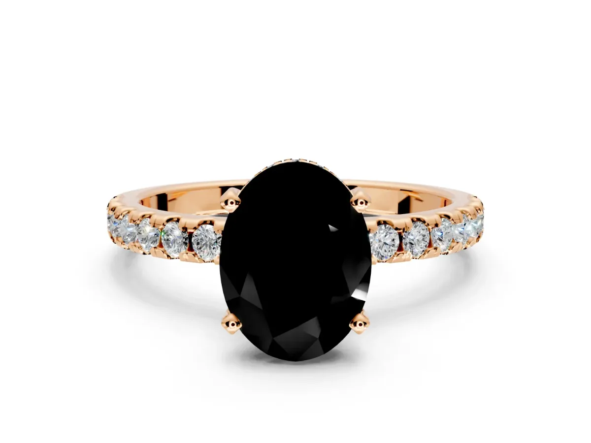 Solitaire Engagement Ring Setting for Fancy Black Oval Center with Band of Accents and Prong Head in Rose Gold