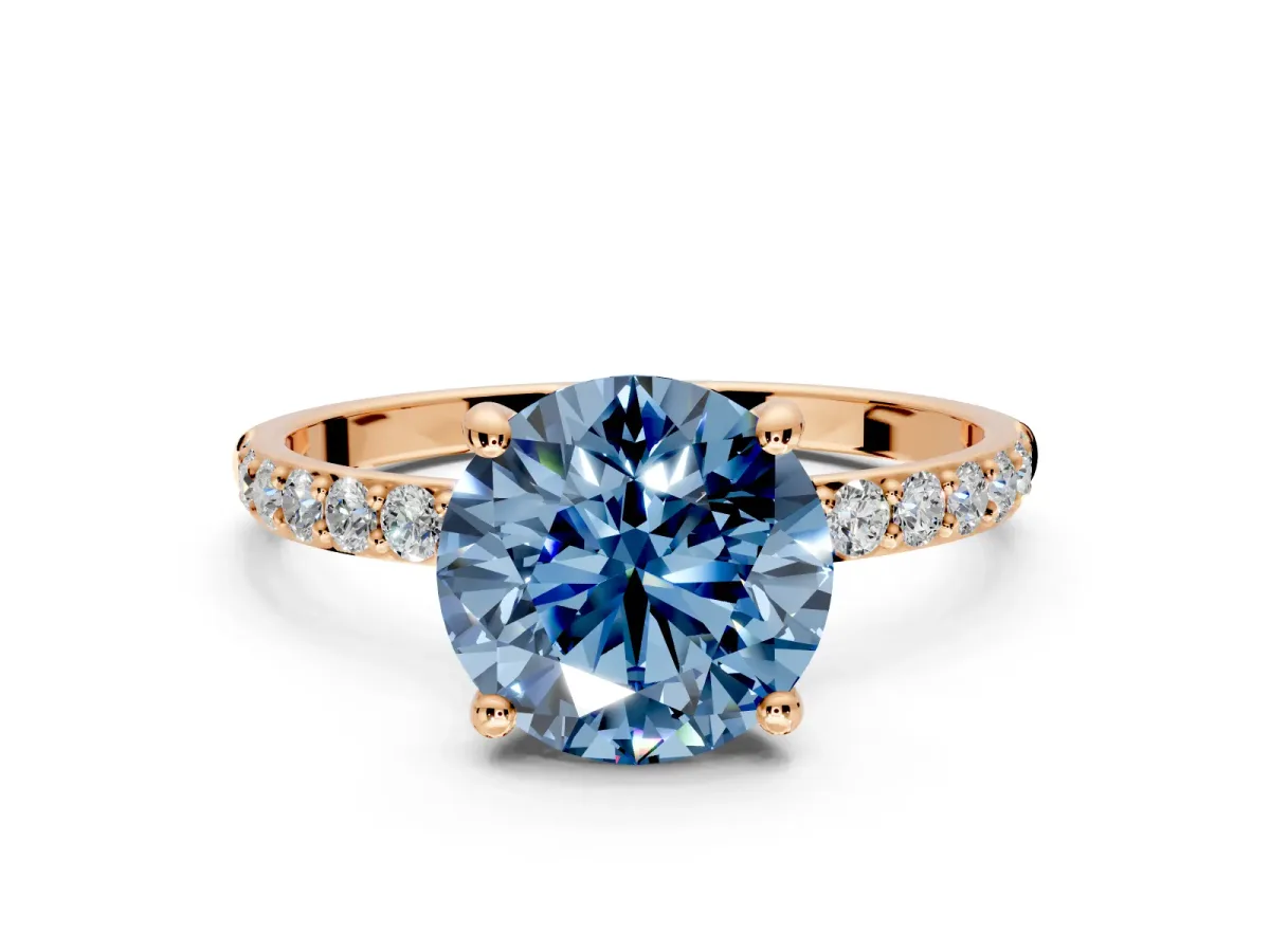 Solitaire Engagement Ring Setting for Fancy Blue Round Cut Center with Pave Accents and Prong Head in Rose Gold