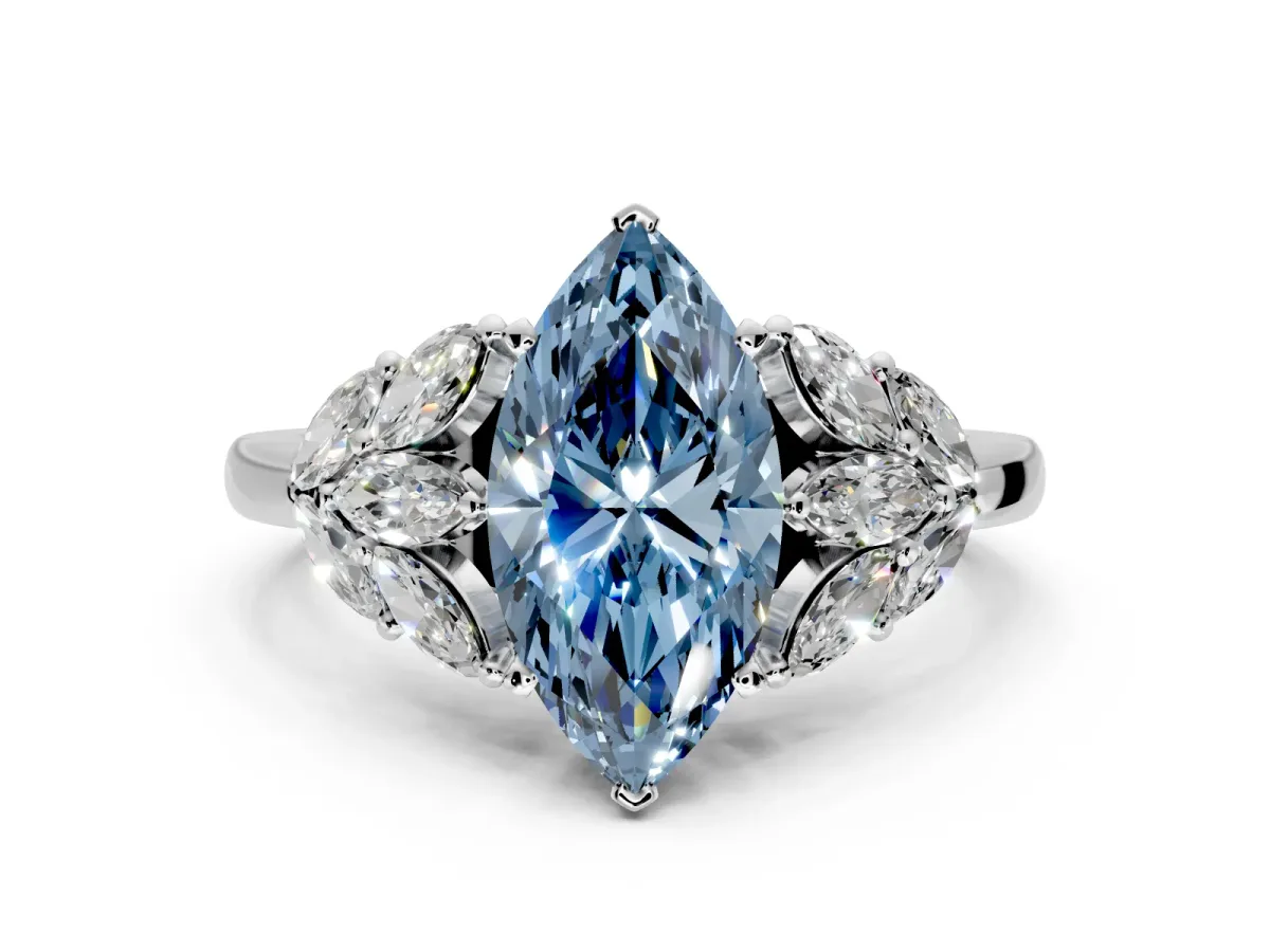 Leaf Cluster Engagement Ring Setting for Fancy Blue Marquise Center with Marquise Accents and Prong Head in Sterling Silver