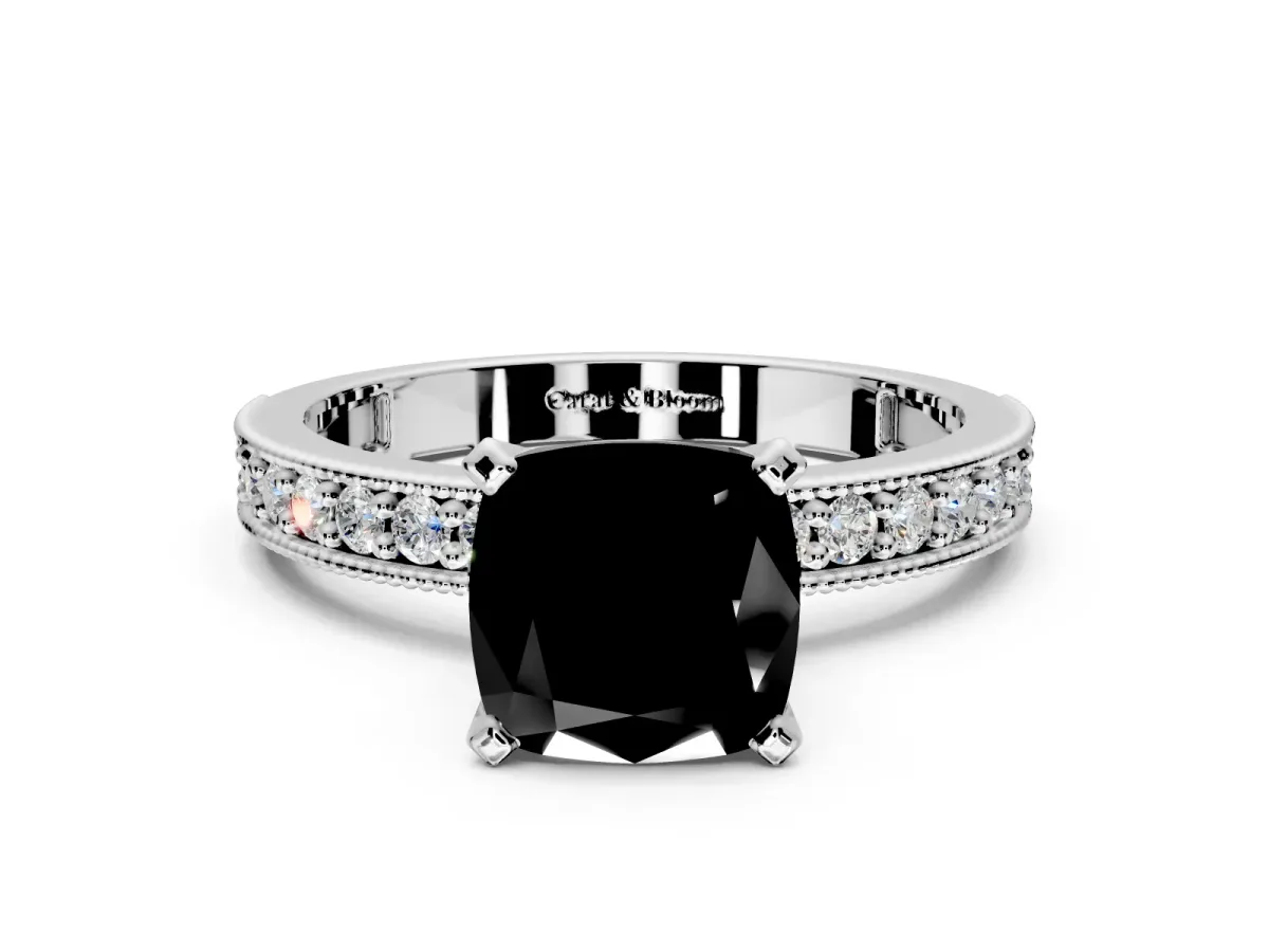 Milgrain Pave Engagement Ring Setting for Fancy Black Cushion Cut Center with Accent Band and Prong Head in Platinum