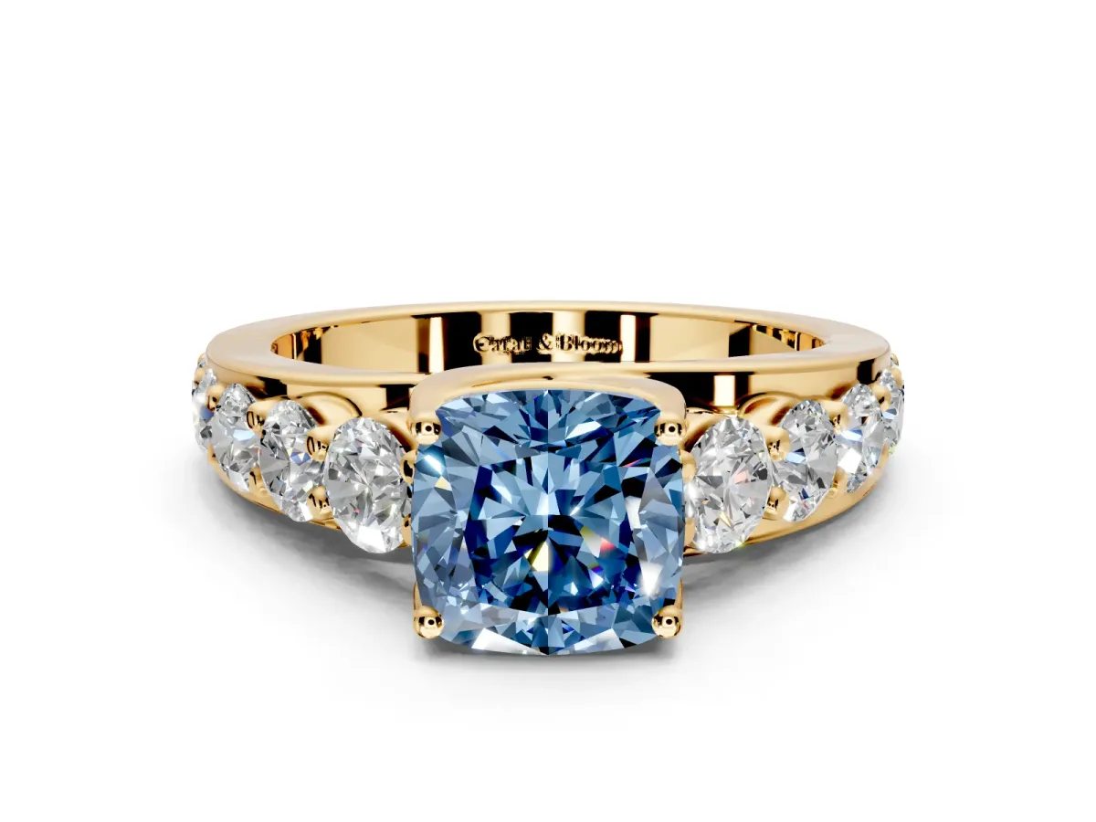 Solitaire Engagement Ring Setting for Fancy Blue Cushion Cut Center with Graduated Shared Prongs and Prong Head in Yellow Gold