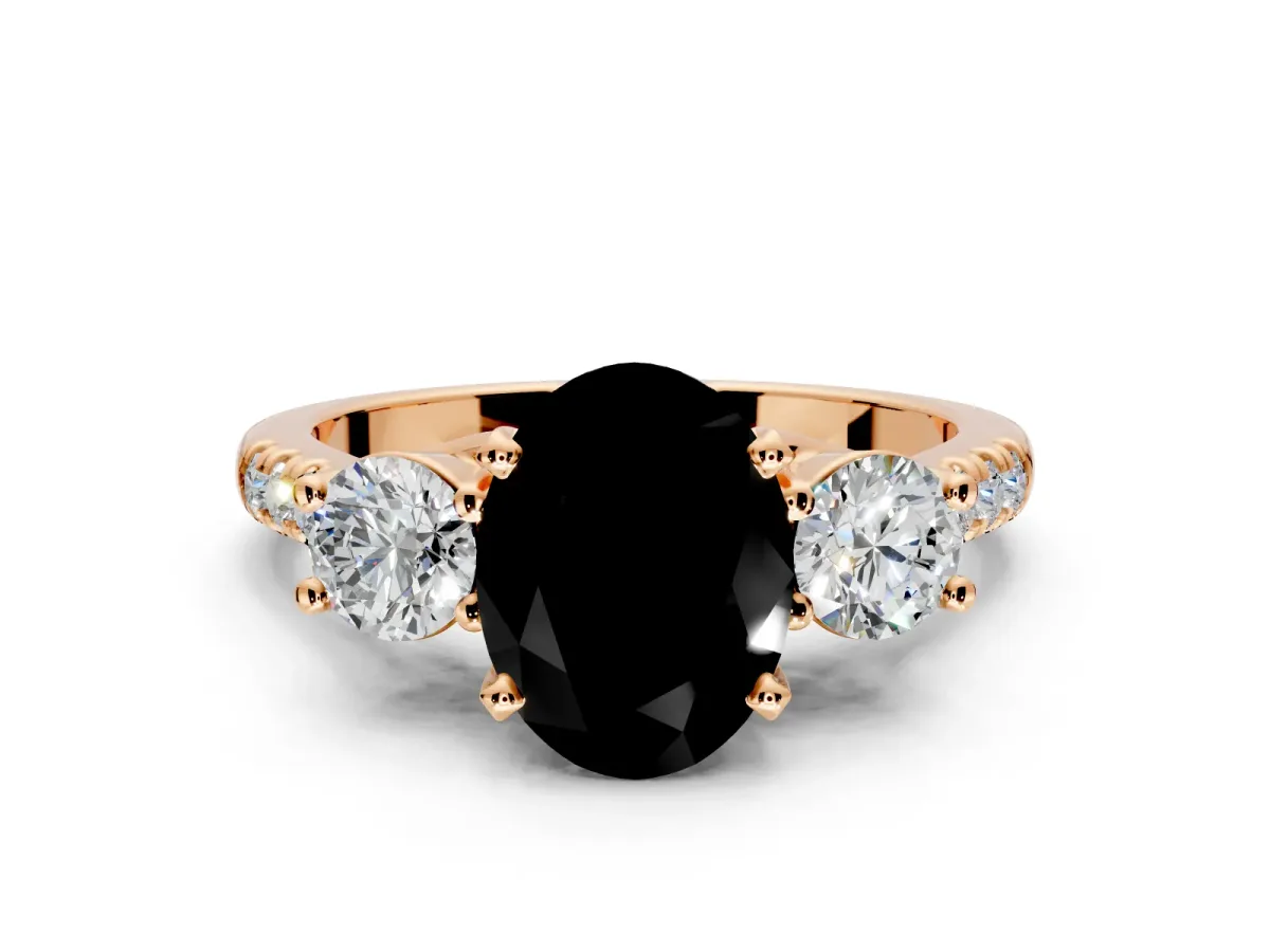 3 Stone Engagement Ring Setting for Fancy Black Oval Center with Crossover Basket, Pave Band and Prong Head in Rose Gold