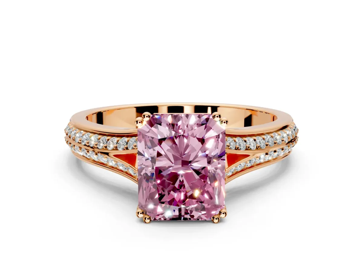 Solitaire Engagement Ring Setting for Fancy Pink Radiant Cut Center with Pave Rail Split Shank and Prong Head in Rose Gold