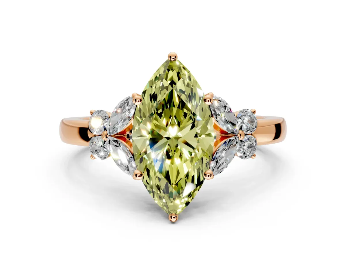 Solitaire Engagement Ring Setting for Fancy Yellow Marquise Center with Marquise Flower Shoulders and Prong Head in Rose Gold