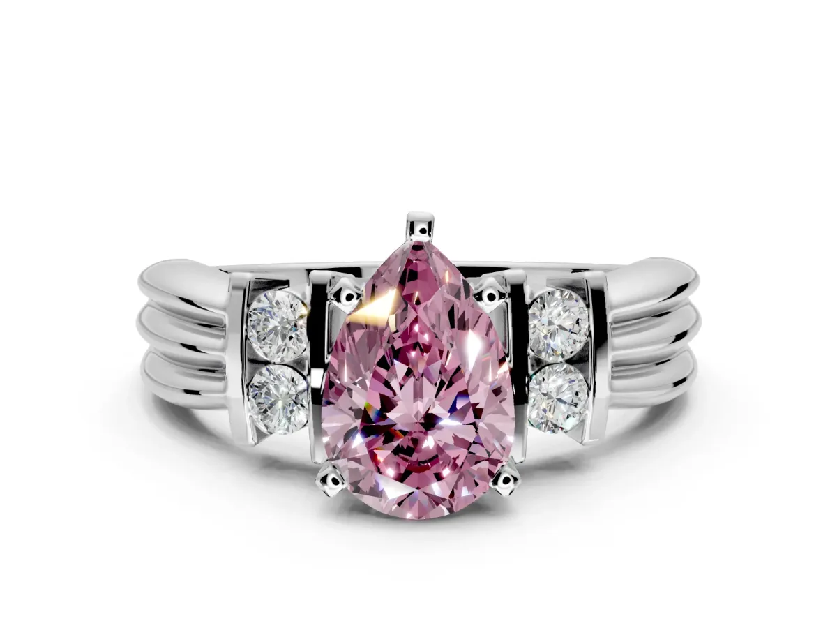 Solitaire Engagement Ring Setting for Fancy Pink Pear-Shaped Center with Grooved Bar Accent Band and Prong Head in Sterling Silver