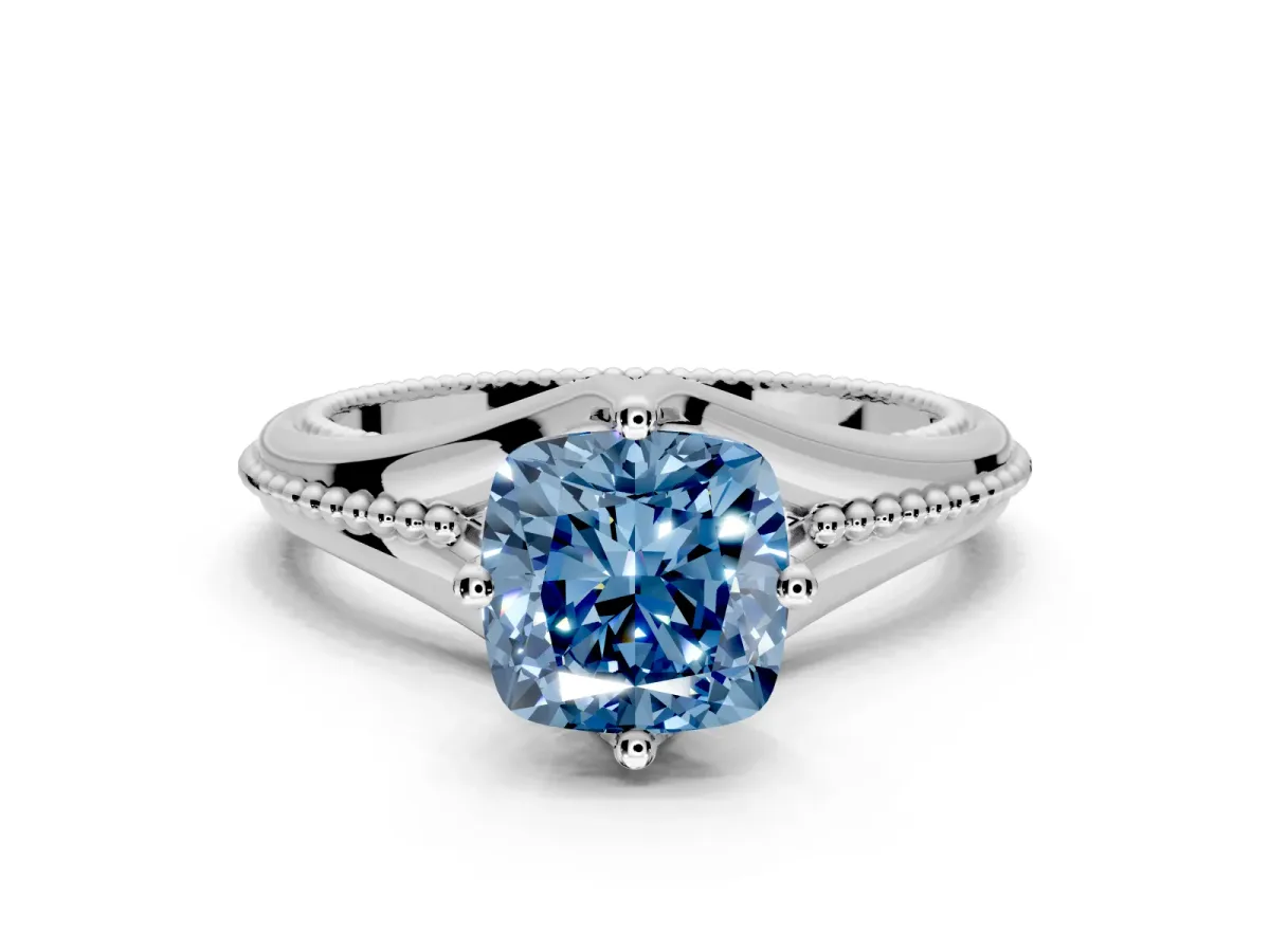 Solitaire Engagement Ring Setting for Fancy Blue Cushion Cut Center with Milgrain Cathedral Band and Prong Head in White Gold