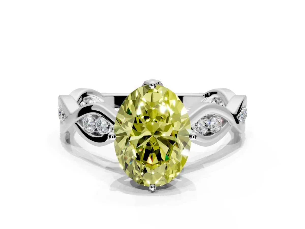 Solitaire Engagement Ring Setting for Fancy Yellow Oval Center with Accented Twist Band and Leaf Prong Head in Platinum