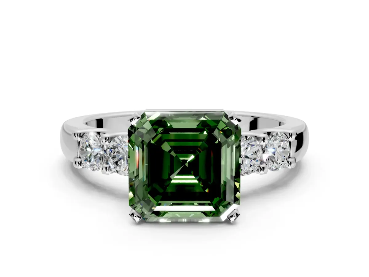 5 Stone Engagement Ring Setting for Fancy Green Asscher Cut Center with Plain Band and Prong Head in White Gold