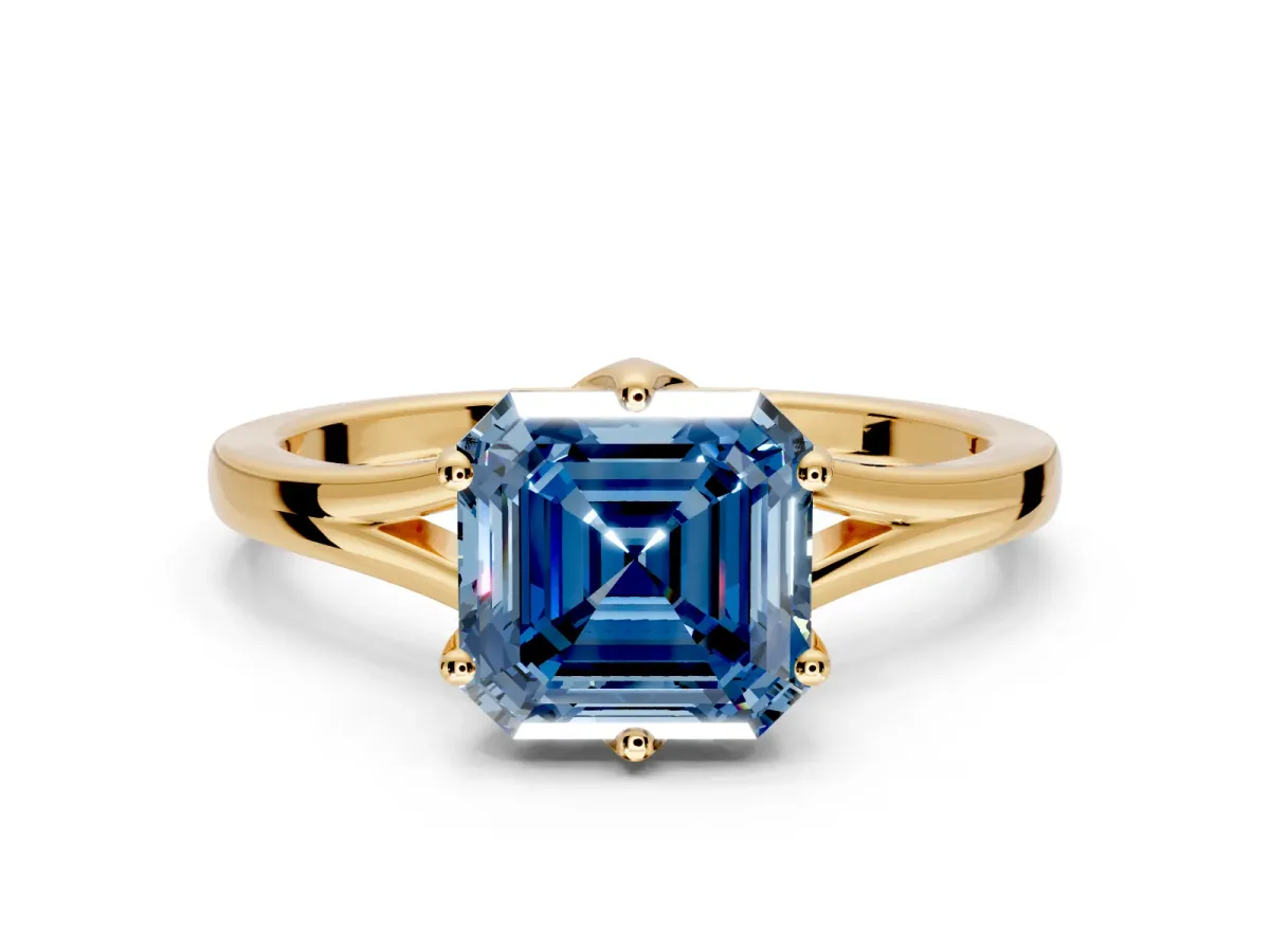 Solitaire Engagement Ring Setting for Fancy Blue Asscher Cut Center with Plain Split Shank and Prong Head in Yellow Gold