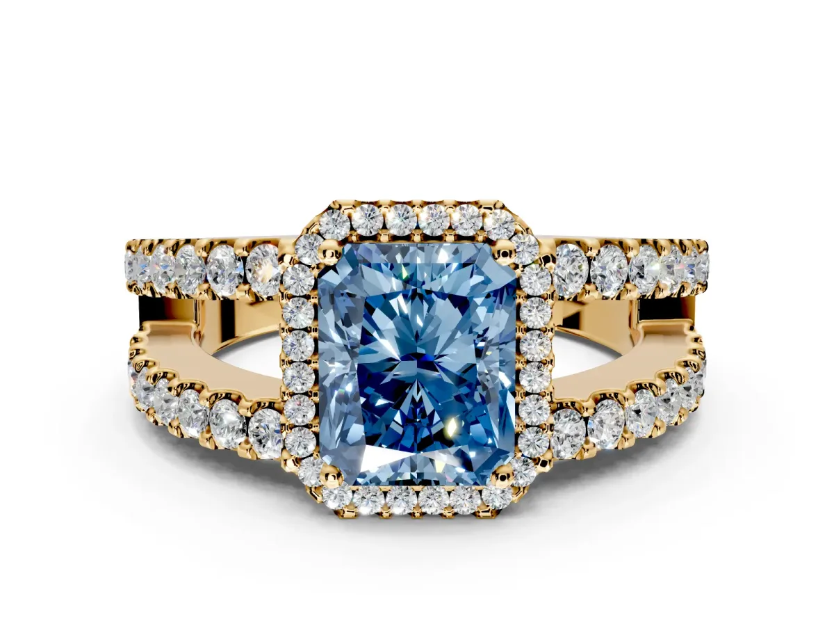 Halo Engagement Ring Setting for Fancy Blue Radiant Cut Center with Wide-Open Pave Split Shank and Prong Head in Yellow Gold