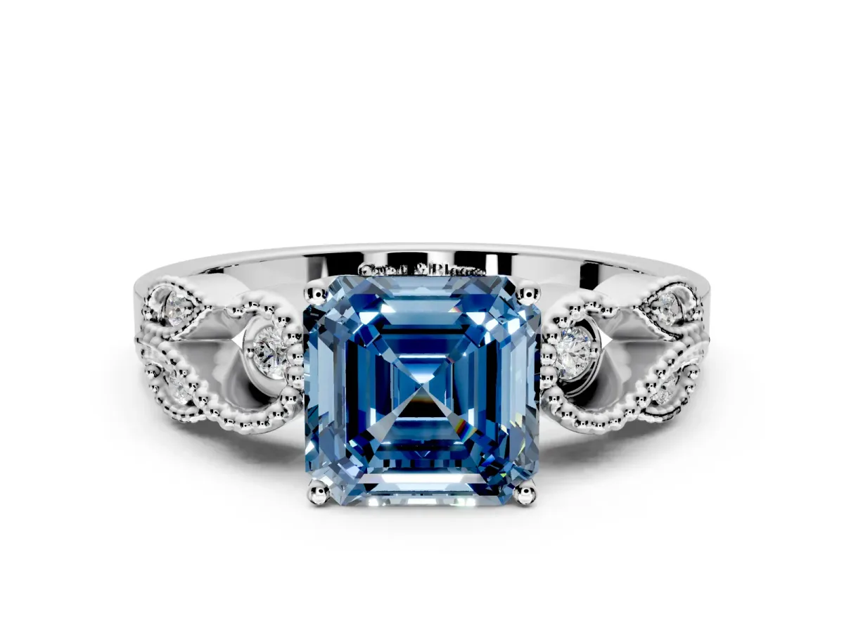 Leaf Engagement Ring Setting for Fancy Blue Asscher Cut Center with Milgrain Accent Band and Prong Head in White Gold