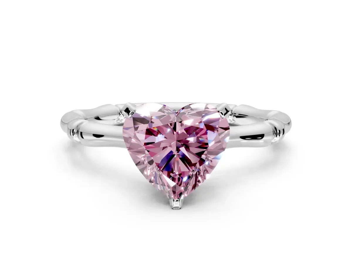 Solitaire Engagement Ring Setting for Fancy Pink Heart-Shaped Center with Bamboo Band and Prong Head in Sterling Silver