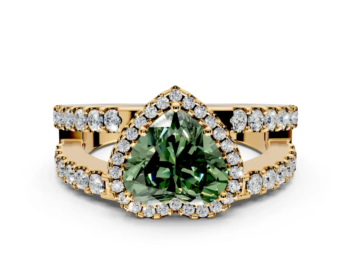 Halo Engagement Ring Setting for Fancy Green Heart-Shaped Center with Wide-Open Pave Split Shank and Prong Head in Yellow Gold