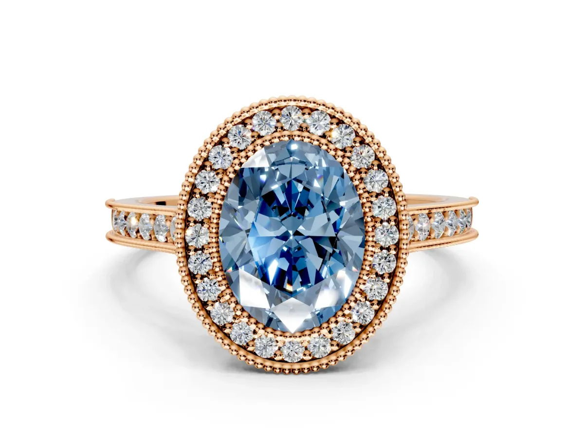 Halo Engagement Ring Setting for Fancy Blue Oval Center with Milgrain Pave Band and Bezel Head in Rose Gold