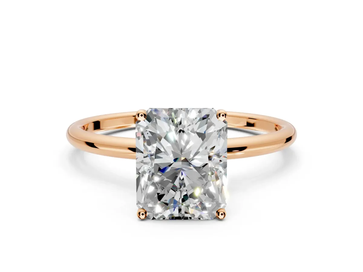 Solitaire Engagement Ring Setting for Radiant Cut Center with Straight Thin Band and Prong Head in Rose Gold