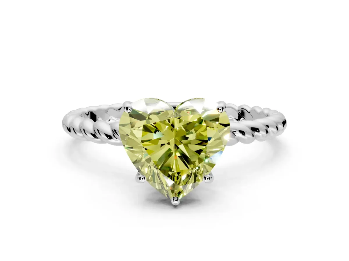 Solitaire Engagement Ring Setting for Fancy Yellow Heart-Shaped Center with Plain Twisted Rope Band and Prong Head in White Gold
