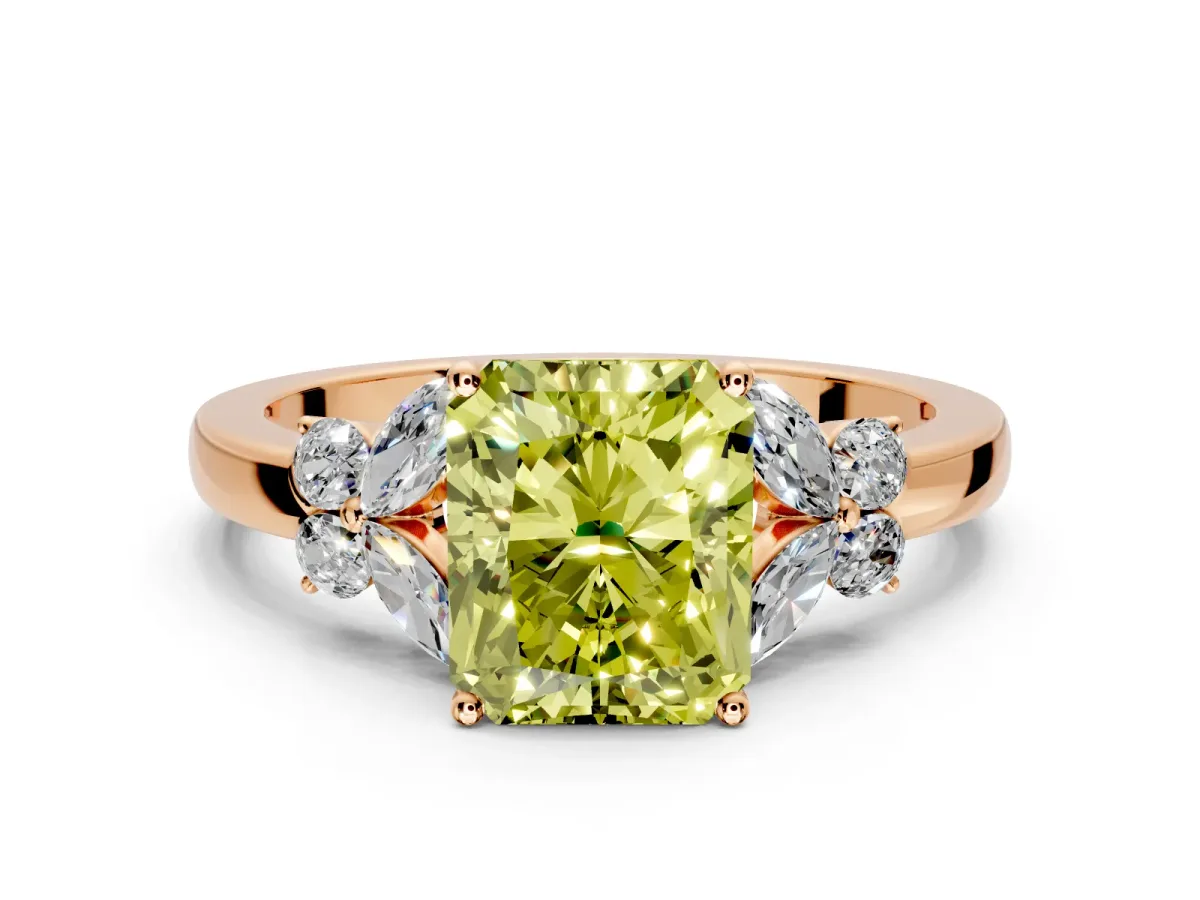 Solitaire Engagement Ring Setting for Fancy Yellow Radiant Cut Center with Marquise Flower Shoulders and Prong Head in Rose Gold