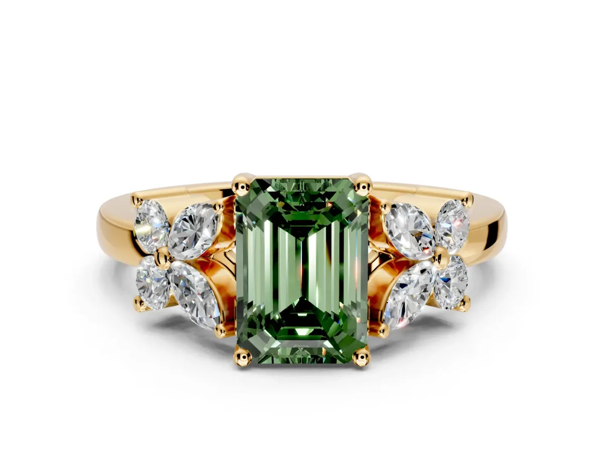 Floral Engagement Ring Setting for Fancy Green Emerald Cut Center with Marquise Cluster Shoulders and Prong Head in Yellow Gold