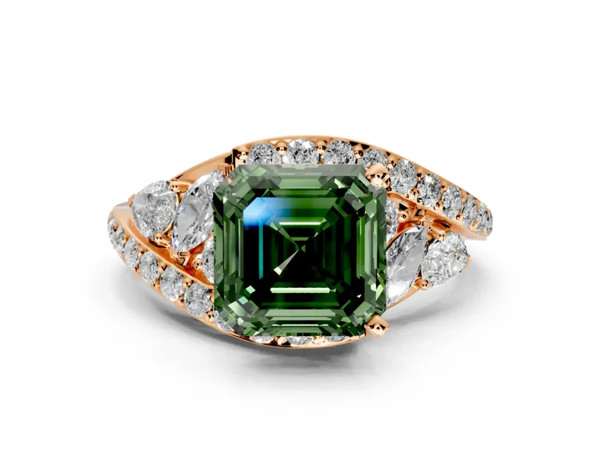 Halo Engagement Ring Setting for Fancy Green Asscher Cut Center with Marquise and Pave Bypass Band and Prong Head in Rose Gold