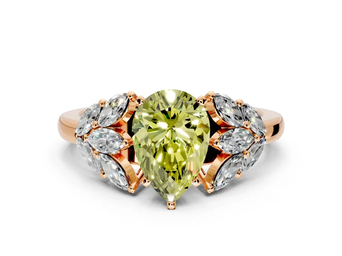 Leaf Cluster Engagement Ring Setting for Fancy Yellow Pear-Shaped Center with Marquise Accents and Prong Head in Rose Gold