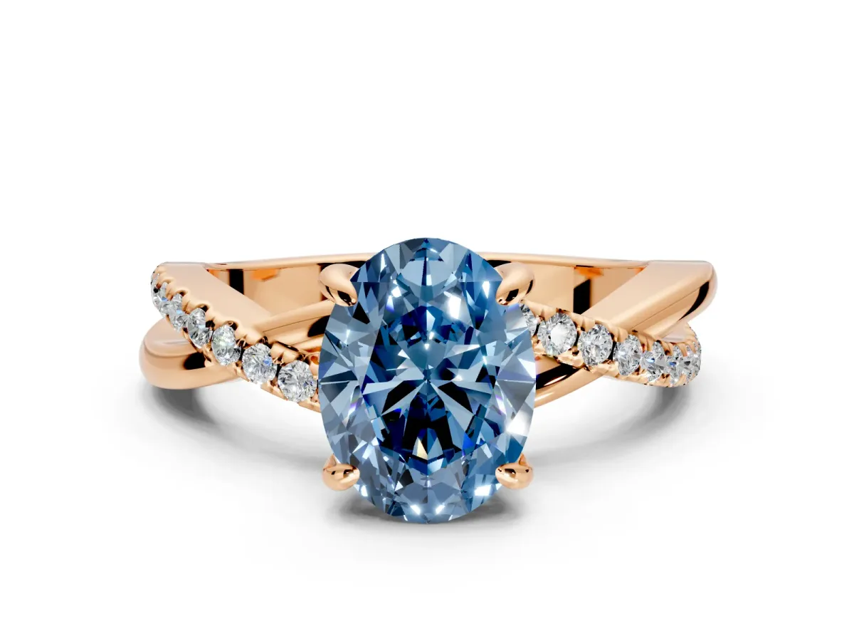 Solitaire Engagement Ring Setting for Fancy Blue Oval Center with Half-Pave Crossover Band and Prong Head in Rose Gold