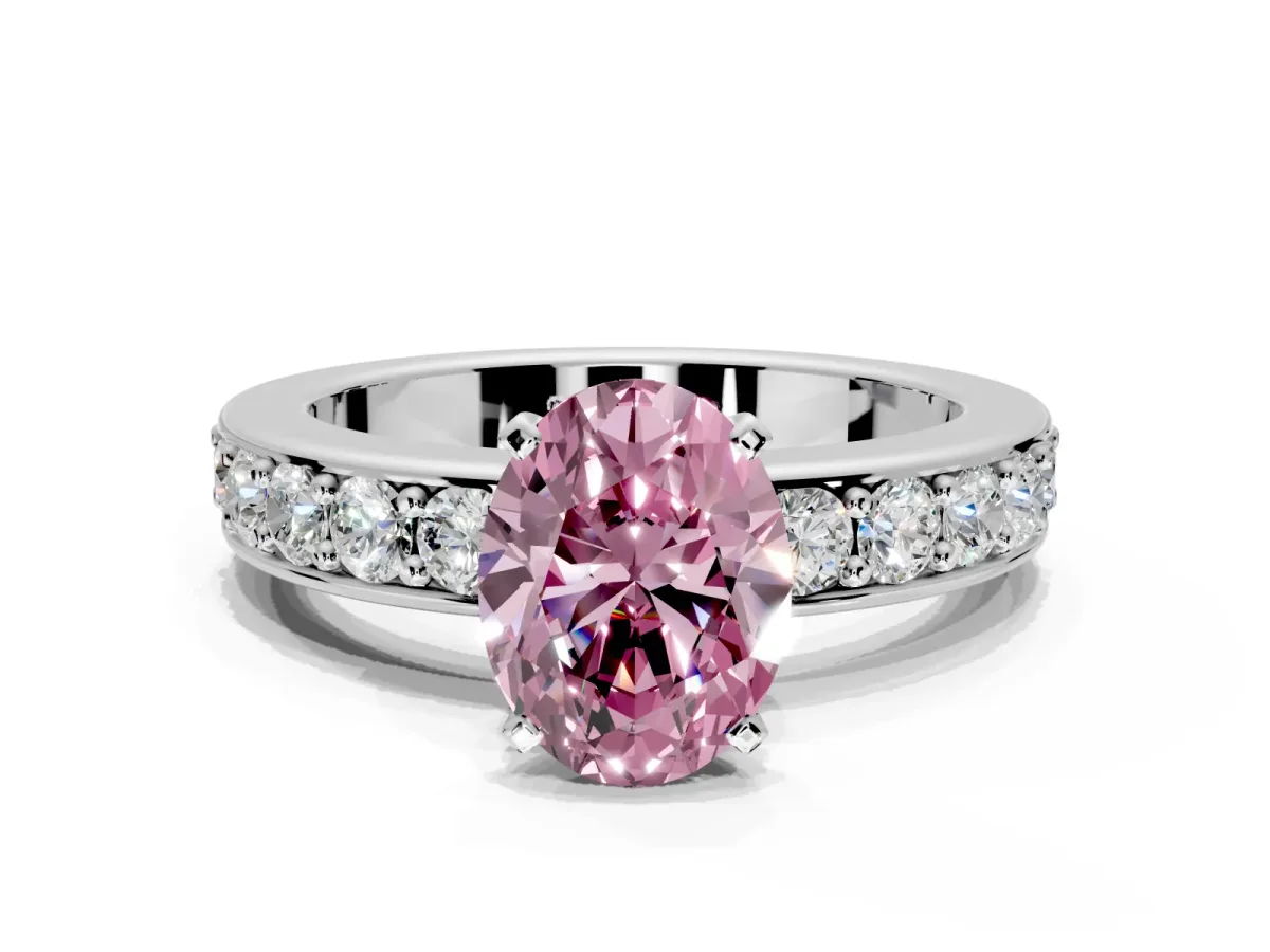 Solitaire Engagement Ring Setting for Fancy Pink Oval Center with Channel-Set Accents and Prong Head in Platinum