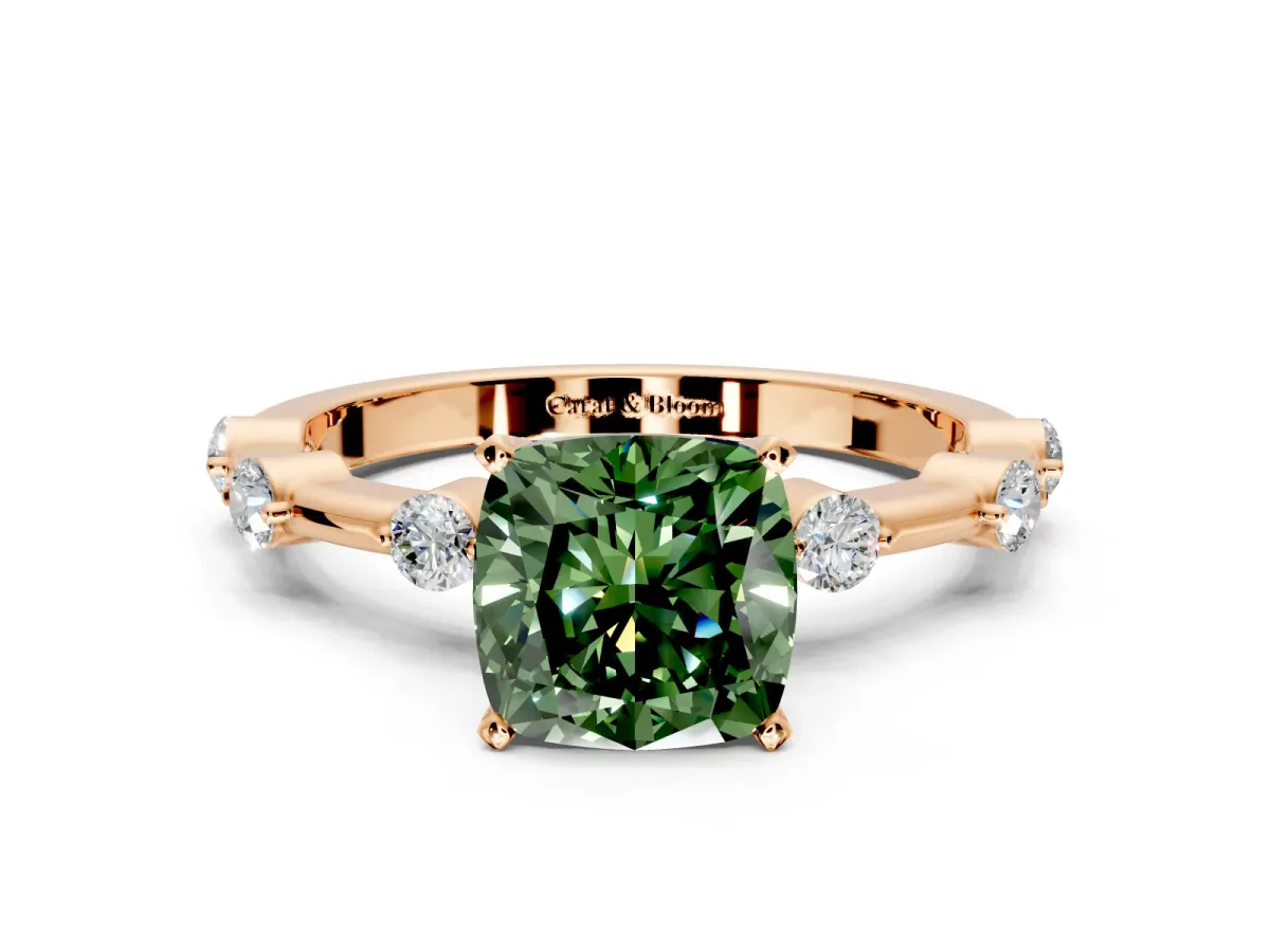 Solitaire Engagement Ring Setting for Fancy Green Cushion Cut Center with Bezel Station Band and Prong Head in Rose Gold