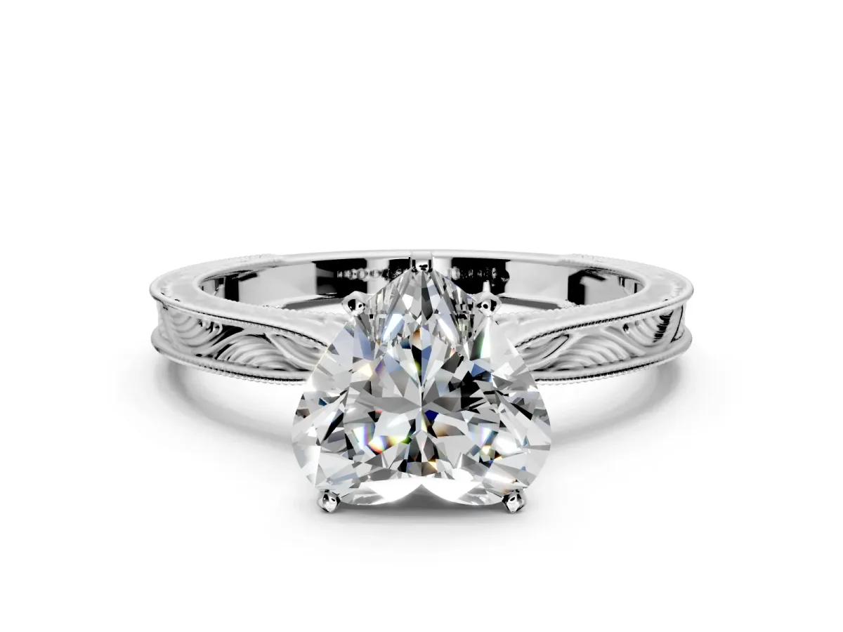 Solitaire Engagement Ring Setting for Heart-Shaped Center with Engraved Milgrain Band and Prong Head in Sterling Silver