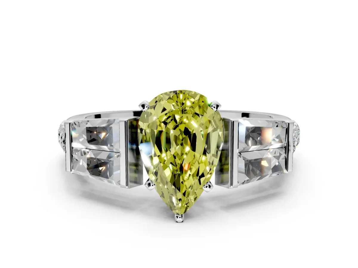 Channel-Set Engagement Ring Setting for Fancy Yellow Pear-Shaped Center with Baguette Band and Prong Head in Sterling Silver