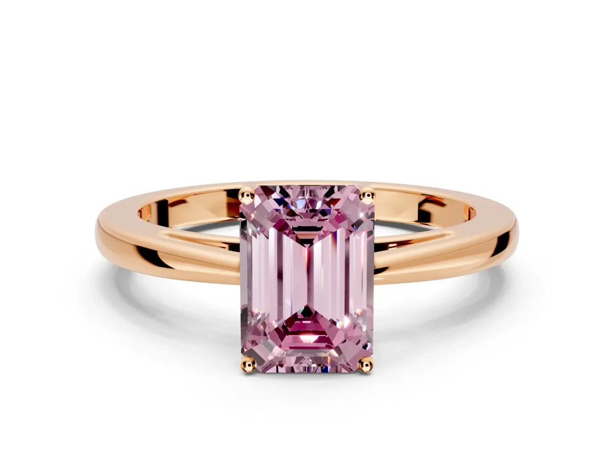 Solitaire Engagement Ring Setting for Fancy Pink Emerald Cut Center with Open Cathedral Shoulders and Prong Head in Rose Gold