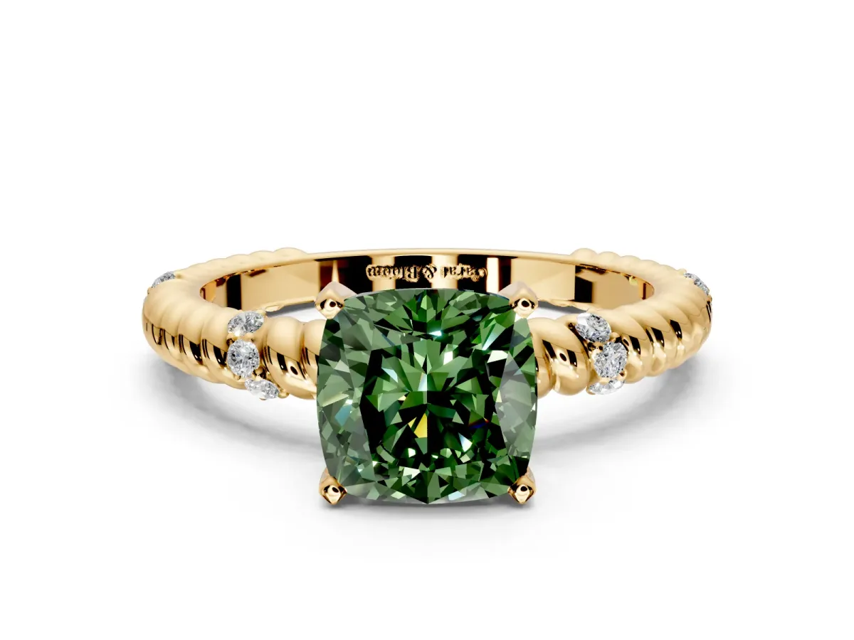 Rope Engagement Ring Setting for Fancy Green Cushion Cut Center with Accent Shoulders and Prong Head in Yellow Gold