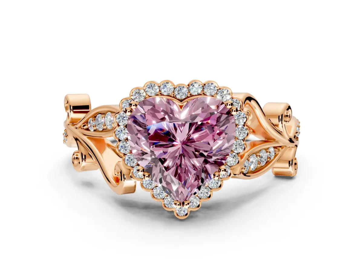 Halo Engagement Ring Setting for Fancy Pink Heart-Shaped Center with Leaf Motif Split Shank and Prong Head in Rose Gold