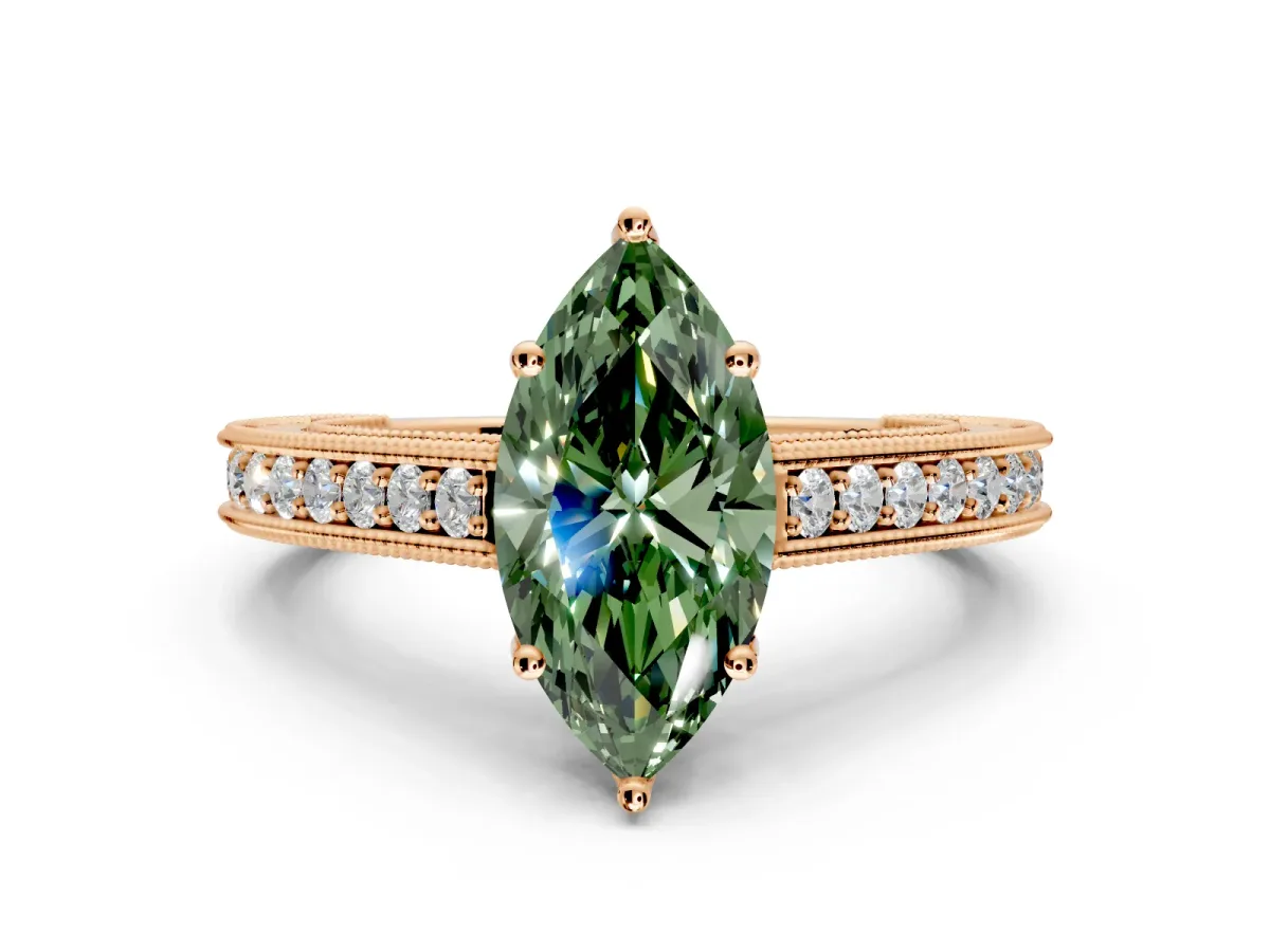 Solitaire Engagement Ring Setting for Fancy Green Marquise Center with Engraved Pave Band and Prong Head in Rose Gold