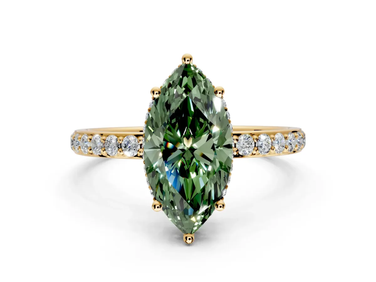 Hidden Halo Engagement Ring Setting for Fancy Green Marquise Center with Pave Band and Prong Head in Yellow Gold