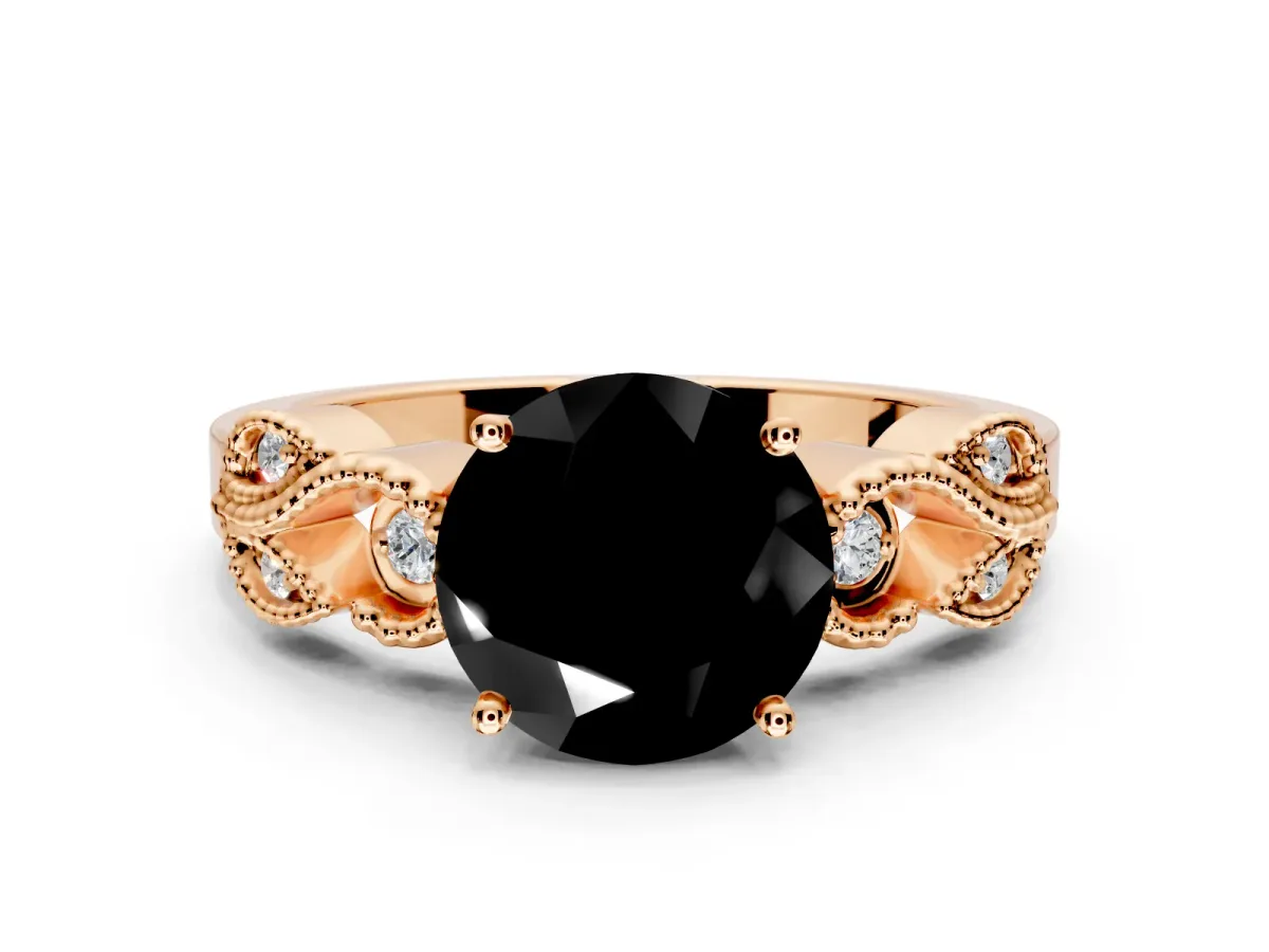 Leaf Engagement Ring Setting for Fancy Black Round Cut Center with Milgrain Accent Band and Prong Head in Rose Gold