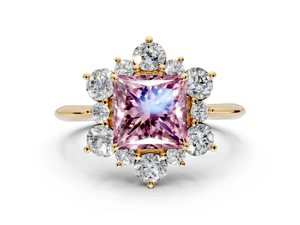 Small-Accent Cluster Halo Engagement Ring Setting for Fancy Pink Princess Cut Center with Plain Band and Prong Head in Yellow Gold