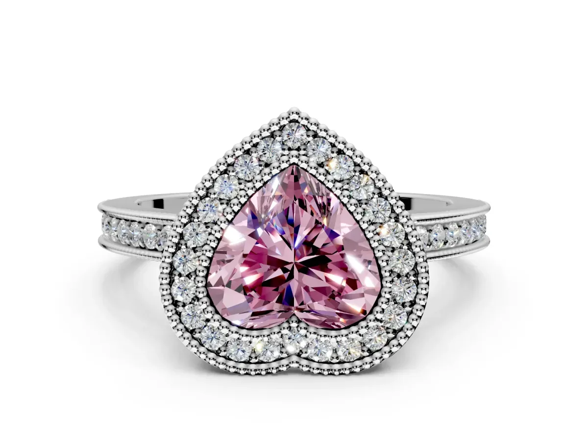 Halo Engagement Ring Setting for Fancy Pink Heart-Shaped Center with Milgrain Halo, Pave Band and Prong Head in Platinum