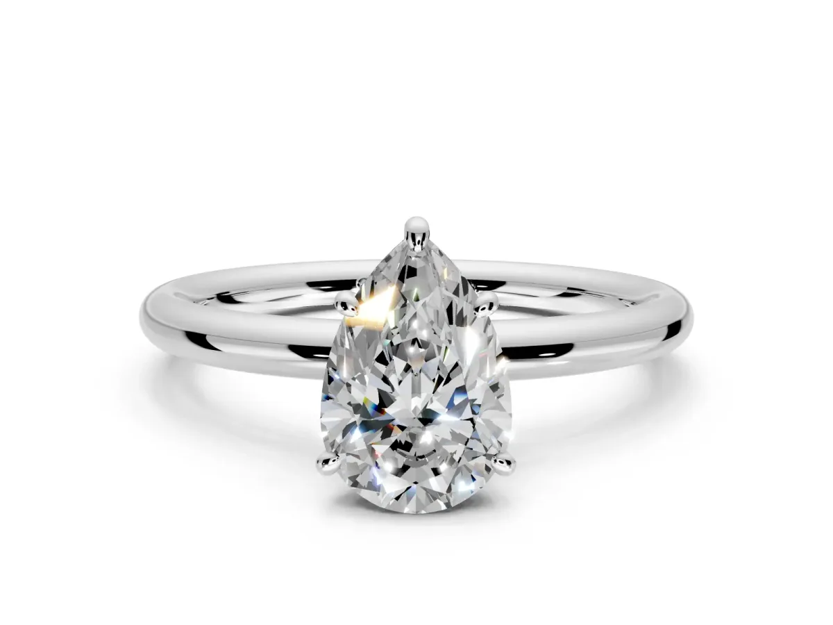 Low-Set Solitaire Engagement Ring Setting for Pear-Shaped Center with Thin Plain Band and Prong Head in Platinum