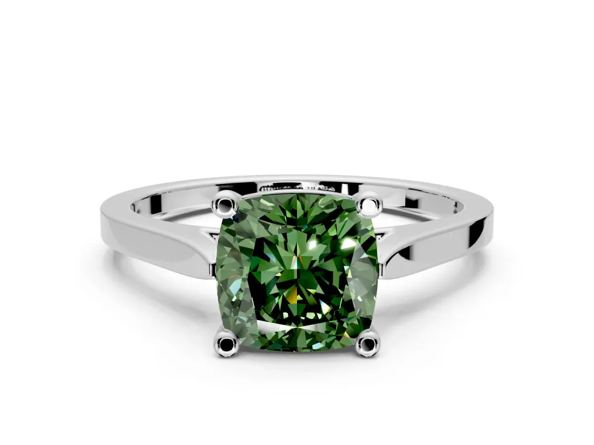 Solitaire Engagement Ring Setting for Fancy Green Cushion Cut Center with Tapered Shoulders and Prong Head in White Gold