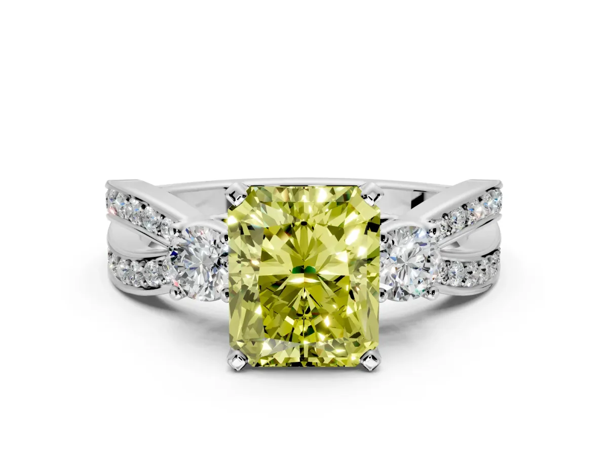 3 Stone Engagement Ring Setting for Fancy Yellow Radiant Cut Center with Pave Twist Band and Prong Head in White Gold