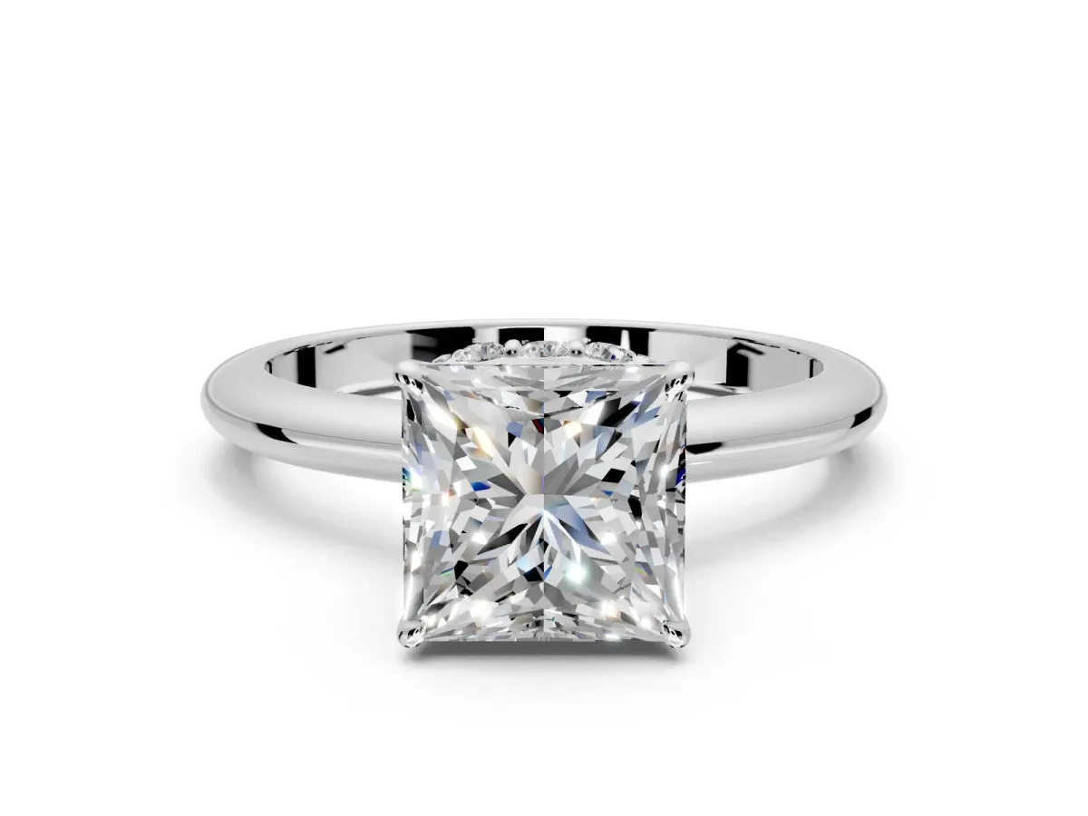 Hidden Halo Engagement Ring Setting for Princess Cut Center with Plain Rounded Band and Prong Head in Sterling Silver