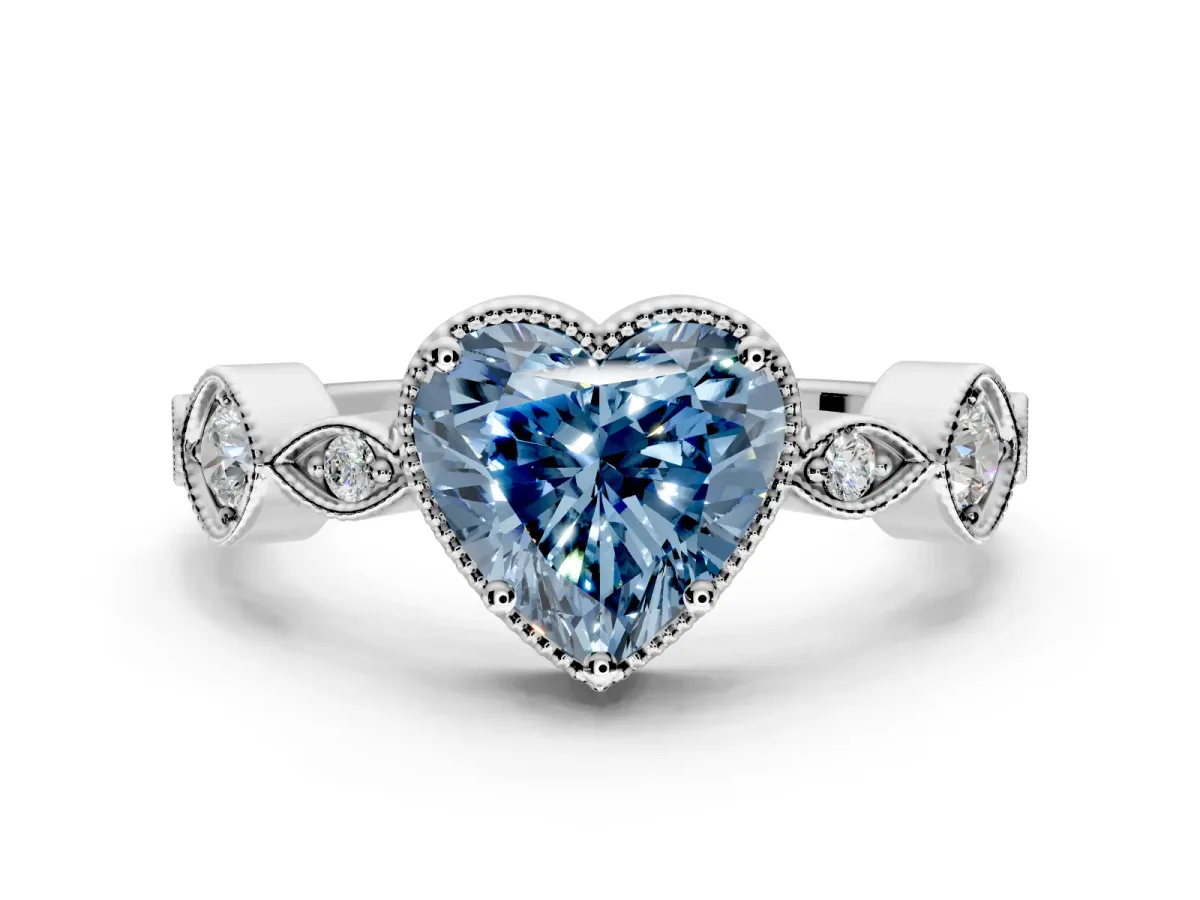 Vintage Station Engagement Ring Setting for Fancy Blue Heart-Shaped Center with Accents and Prong Head in White Gold