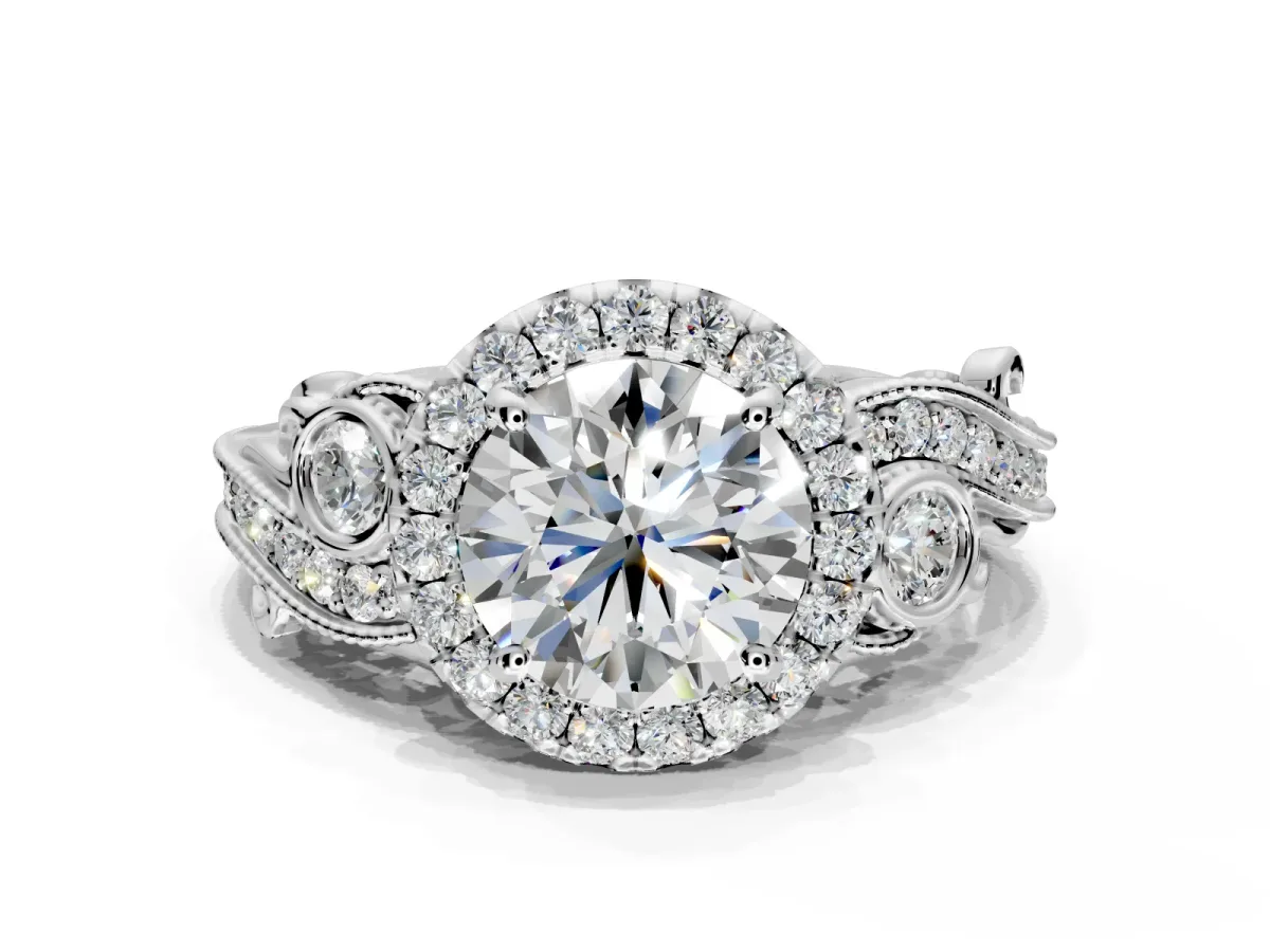 Milgrain Halo Engagement Ring Setting for Round Cut Center with Shoulder Bezels and Prong Head in Sterling Silver