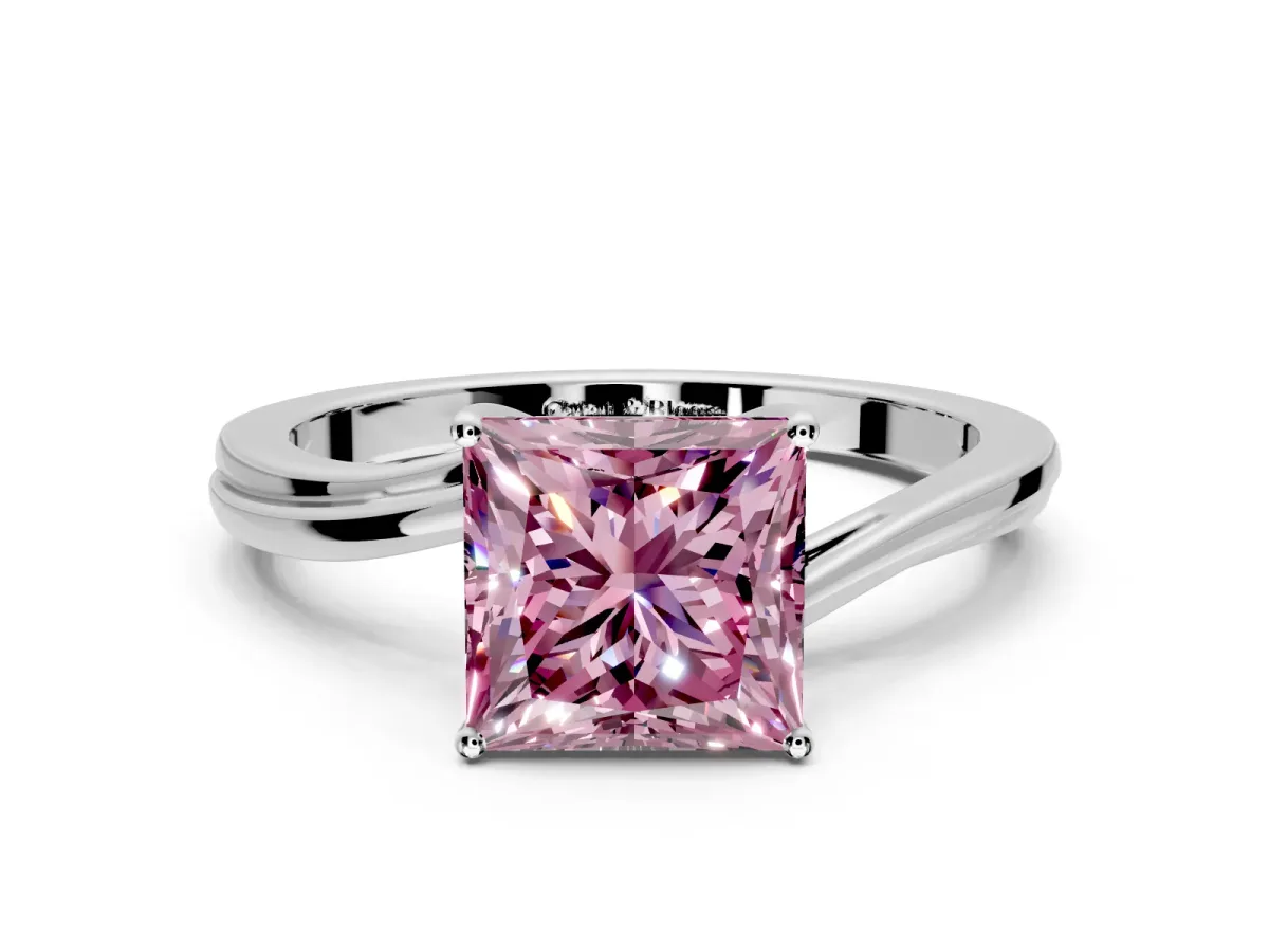 Solitaire Engagement Ring Setting for Fancy Pink Princess Cut Center with Plain Bypass Twist Band and Prong Head in Platinum