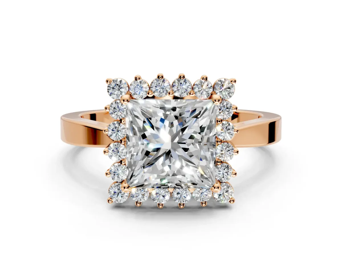 Starburst Halo Engagement Ring Setting for Princess Cut Center with Flat Cathedral Band and Prong Head in Rose Gold
